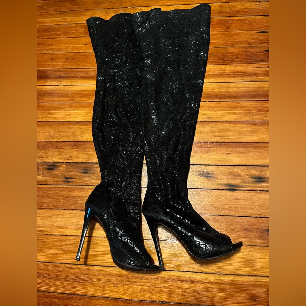 BEBE Brinley Open Toe Heel Over The Knee Boots
